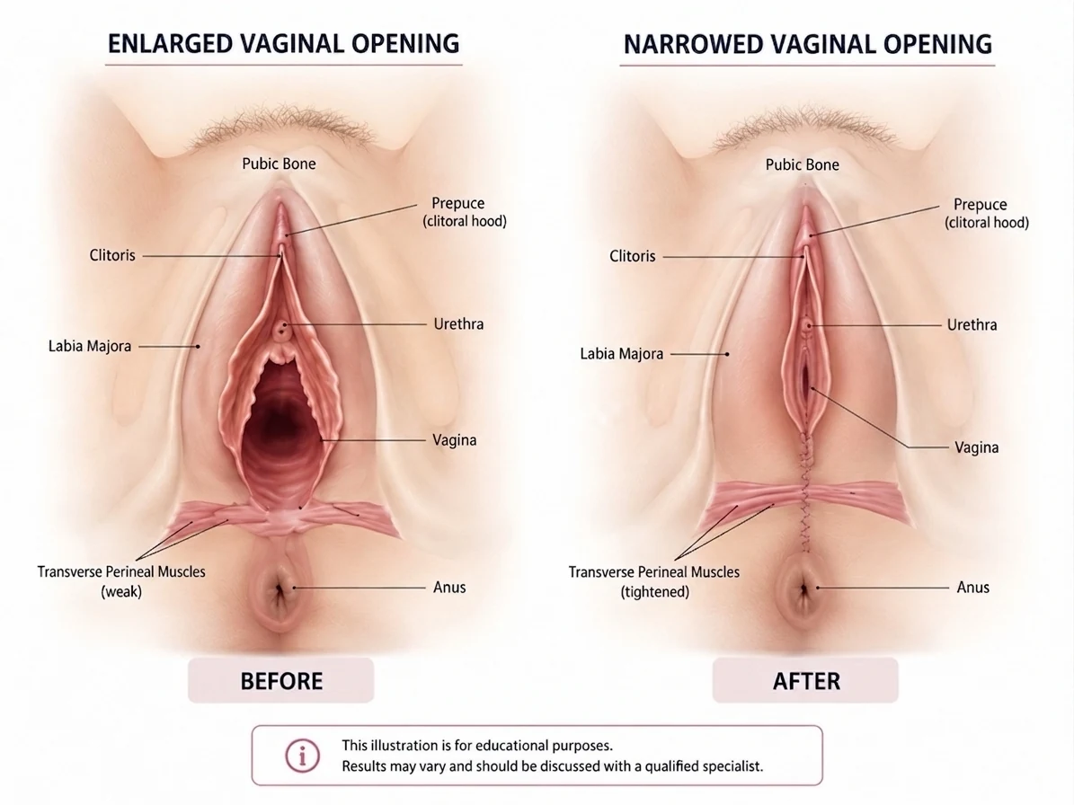 Real clinical result: before and after vaginoplasty vaginal tightening surgery in Riyadh — restored vaginal canal tone, pelvic floor repair — Dr. Dina Rezk IAAUG fellowship-certified aesthetic gynaecologist, Al Olaya, Riyadh, Saudi Arabia