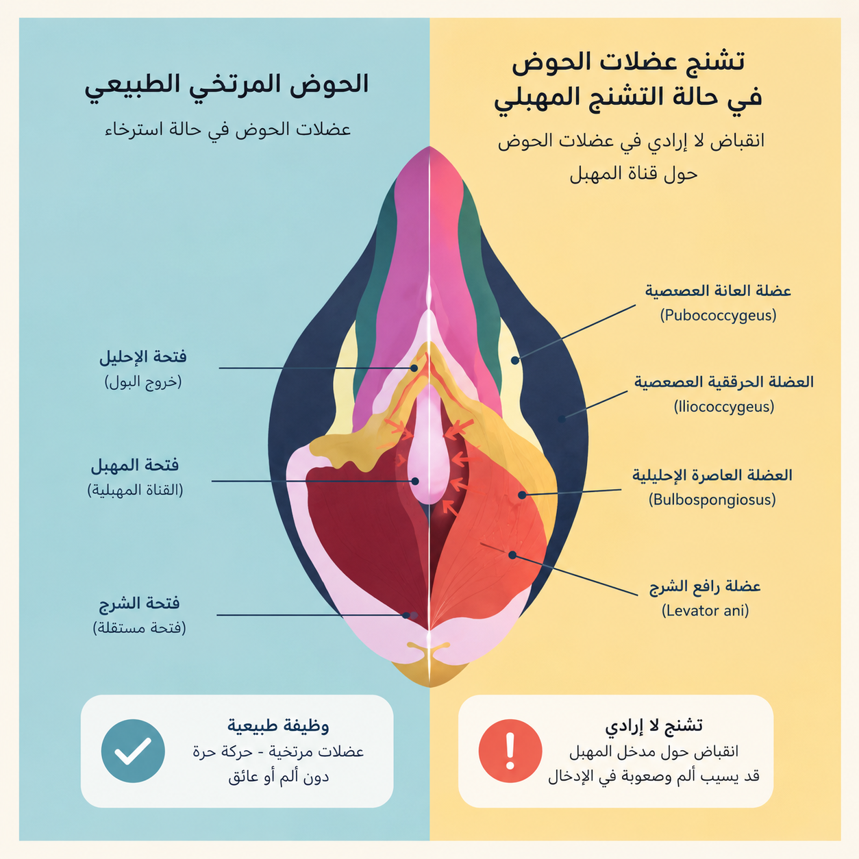 مخطط تشريحي مقارن: الحوض المرتخي الطبيعي مقابل تشنج عضلات الحوض في حالة التشنج المهبلي — يُظهر عضلة العانة العصعصية (Pubococcygeus) والحرقفية العصعصية (Iliococcygeus) والعضلة الإحليلية البصلية (Bulbospongiosus) ورافع الشرج (Levator ani)